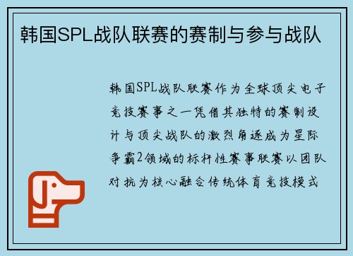 韩国SPL战队联赛的赛制与参与战队