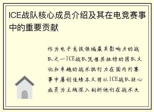 ICE战队核心成员介绍及其在电竞赛事中的重要贡献