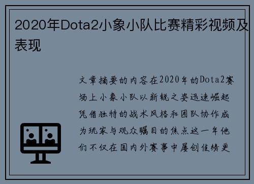 2020年Dota2小象小队比赛精彩视频及表现